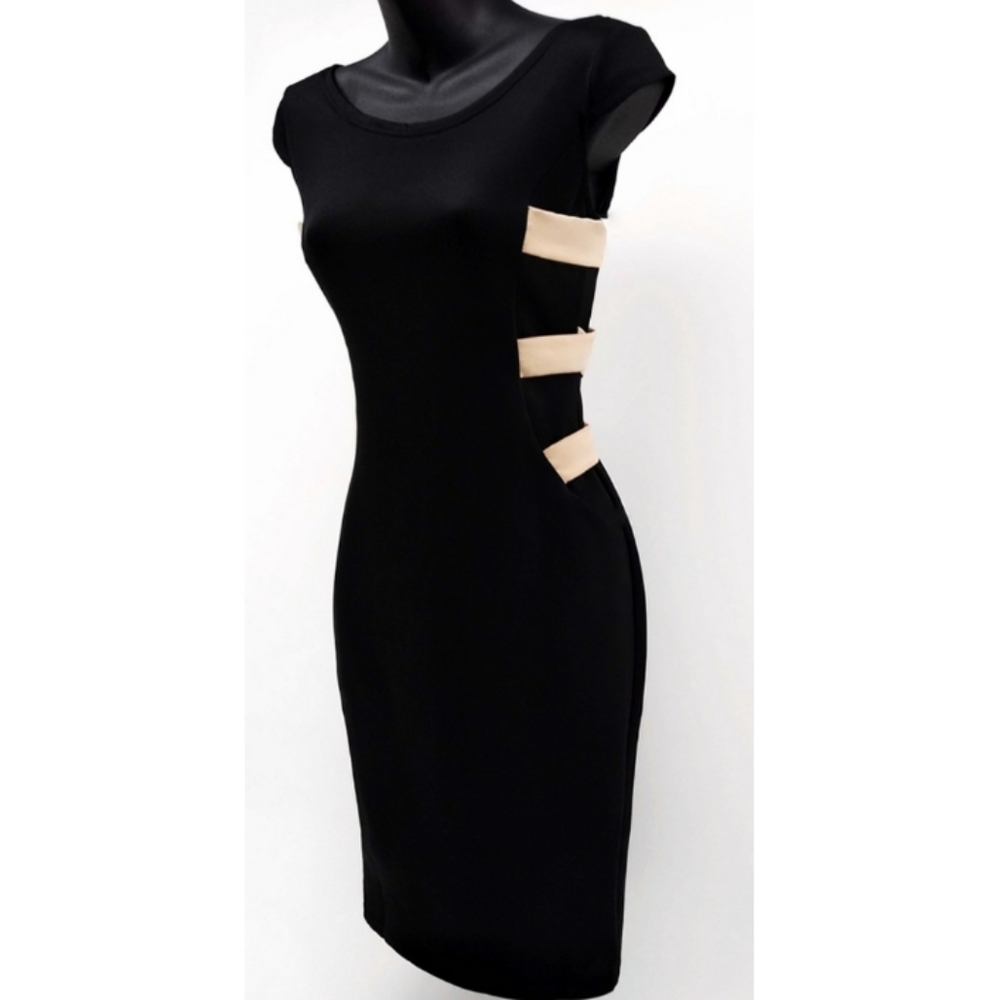 Elegant Bodycon Black & Champagne Strap Back Dress